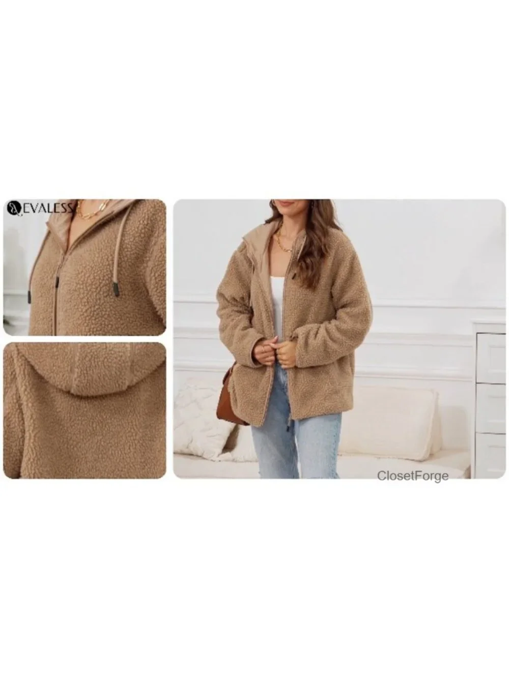 Fleece Jacket Long Sleeve Zip Up Sherpa Coat Fuzzy Hooded with Pockets